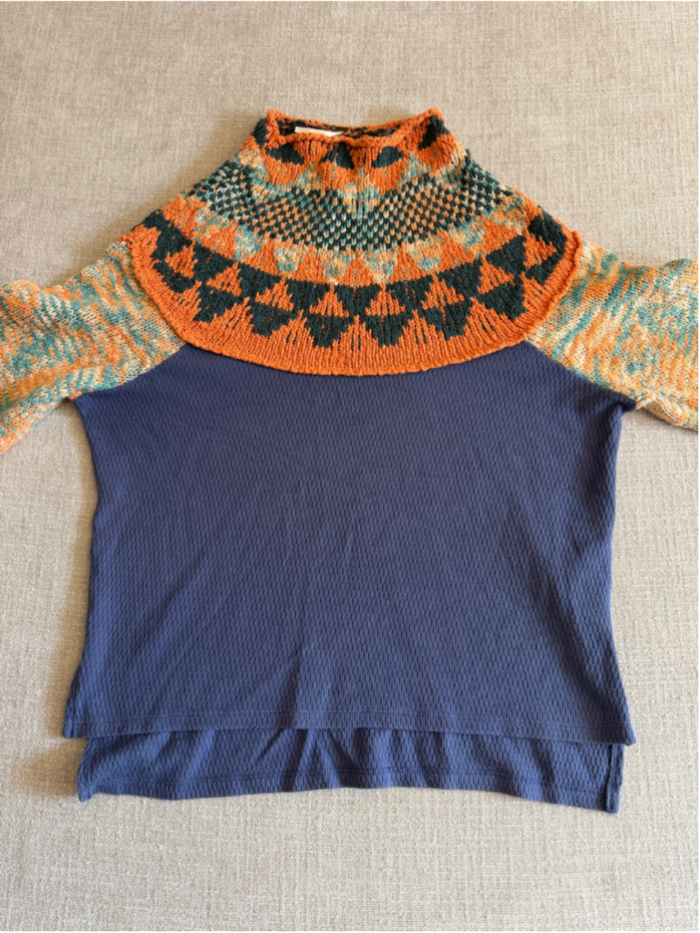 Free People Swit The Small Stuff Mock Neck Top Navy fair isle Combo woman’s XL - Picture 4 of 11
